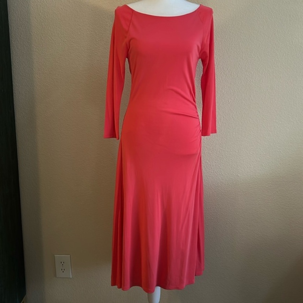 Ralph Lauren Pink Dress sz M Long Stretch Knit with Long Sleeve and flared Skirt